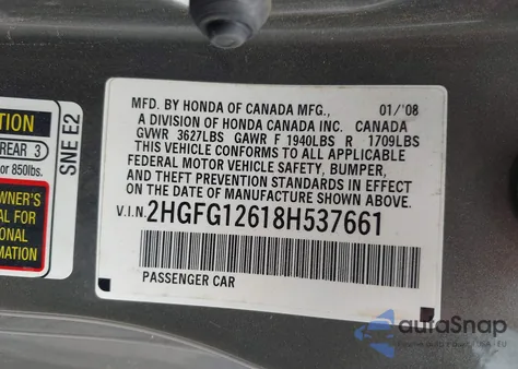 2008 Honda Civic Lx z USA, uszkodzony, nr VIN 2HGFG12618H537661
